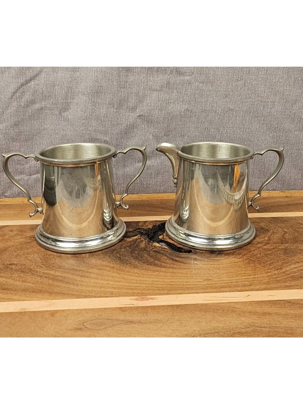 Colonial Pewter Cream & Sugar Set By Boardway - 3.5" Tall - Vintage Double-Handl